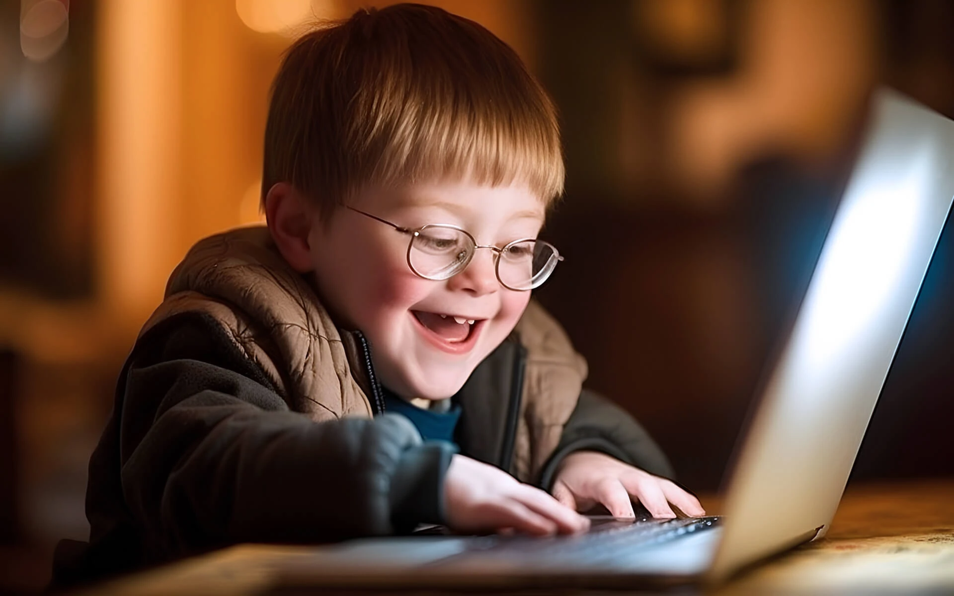 Ein kleiner Junge mit Brille erkundet die Tastatur eines Laptops.
